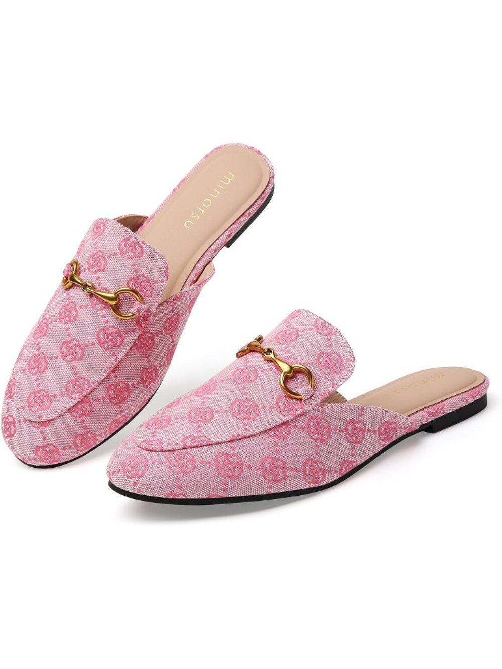 Women's Pink Slip on Round Toe Backless Slides Casual Buckle Flat Loafers Shoes